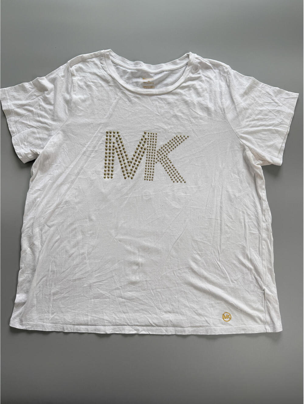Michael Kors MK Logo T Shirt, White Studded Logo Tee, Designer Y2K, Plus Size 2X